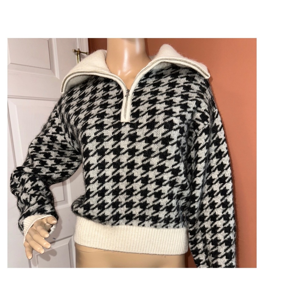 Paris Atelier & Other Stories Houndstooth Alpaca Blend Half Zip Sweater small